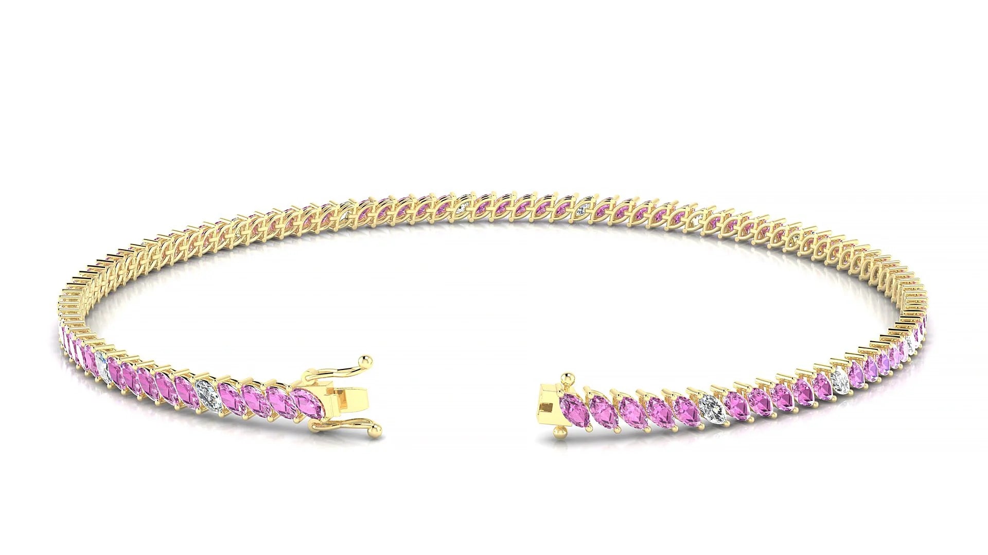 Venezia 5-1 | 18k Yellow Gold 3 x 1.5 mm Marquise Natural Pink Sapphire & Diamond 18 cm Tennis Bracelet