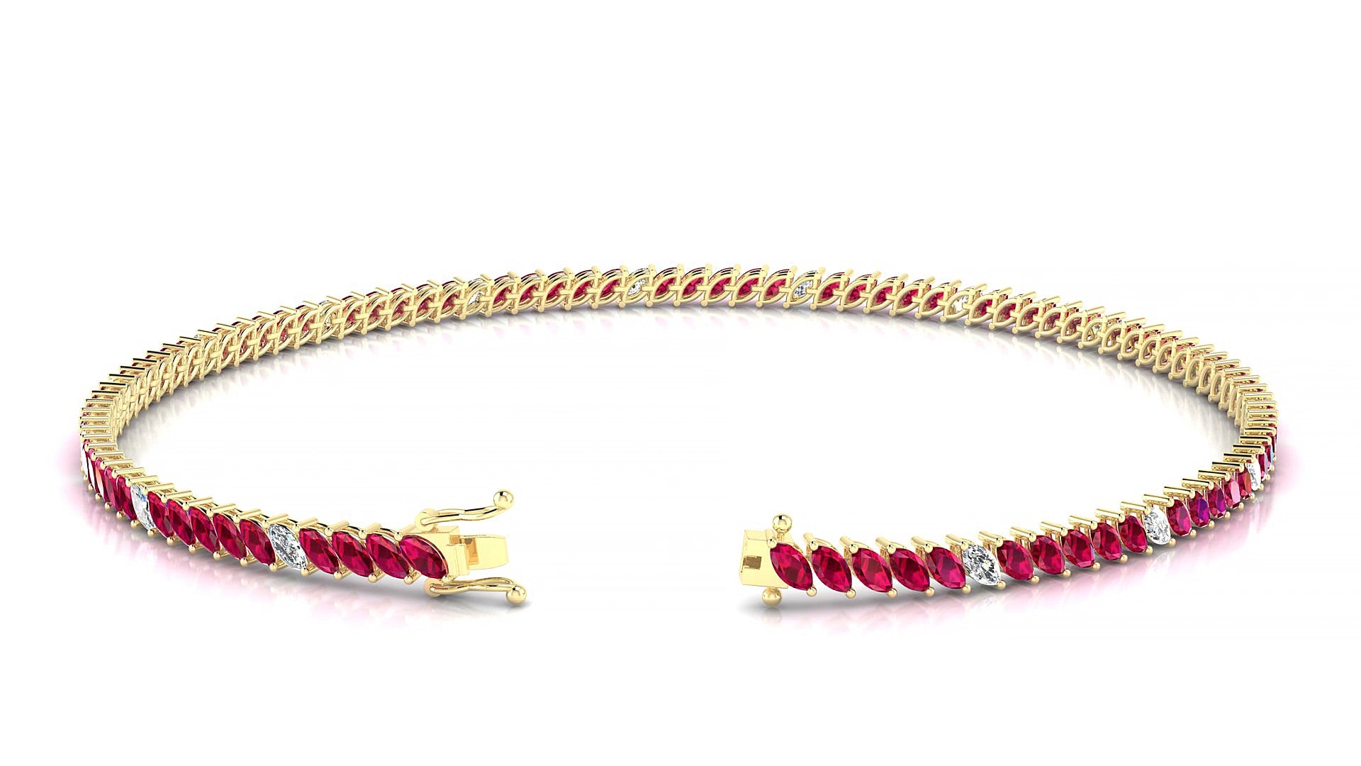 Venezia 5-1 | 18k Yellow Gold 3 x 1.5 mm Marquise Natural Ruby & Diamond 19 cm Tennis Bracelet