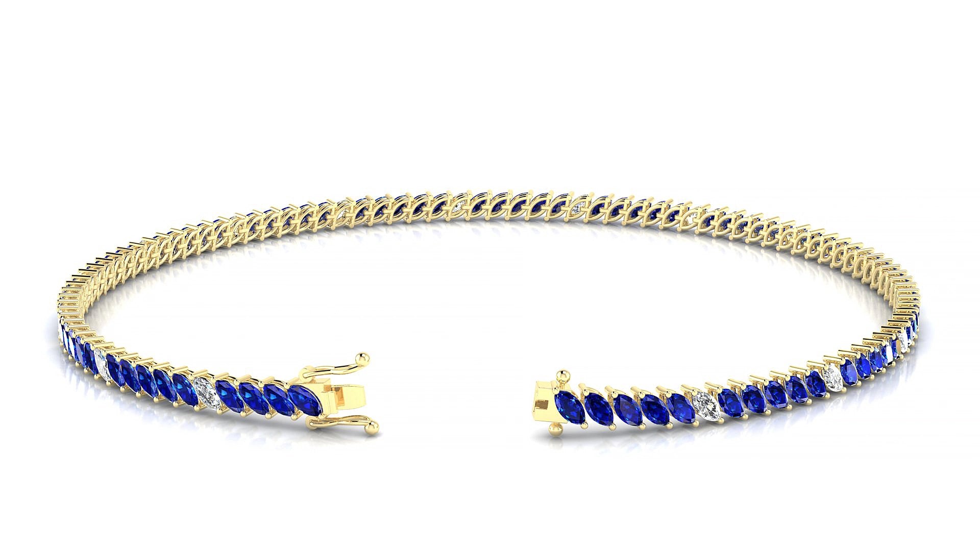 Venezia 5-1 | 18k Yellow Gold 3 x 1.5 mm Marquise Natural Sapphire & Diamond 17 cm Tennis Bracelet