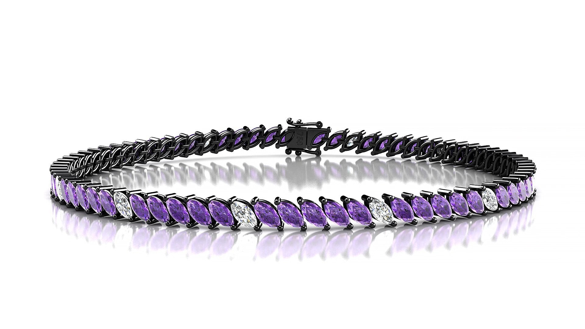 Venezia 5-1 | 18k Black Gold 4 x 2 mm Marquise Natural Amethyst & Diamond 15 cm Tennis Bracelet