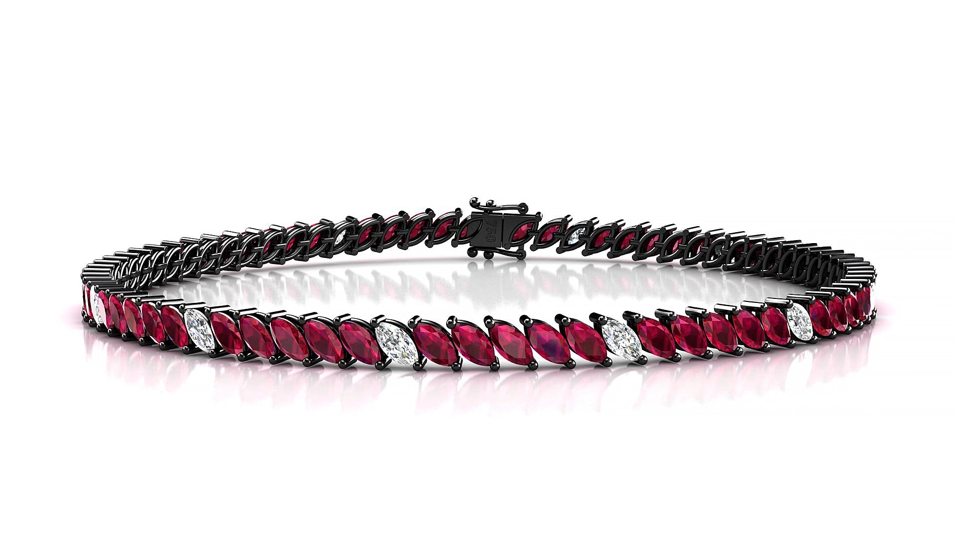 Venezia 5-1 | 18k Black Gold 4 x 2 mm Marquise Natural Ruby & Diamond 15 cm Tennis Bracelet