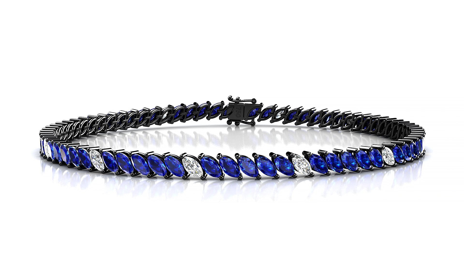 Venezia 5-1 | 18k Black Gold 4 x 2 mm Marquise Natural Sapphire & Diamond 15 cm Tennis Bracelet