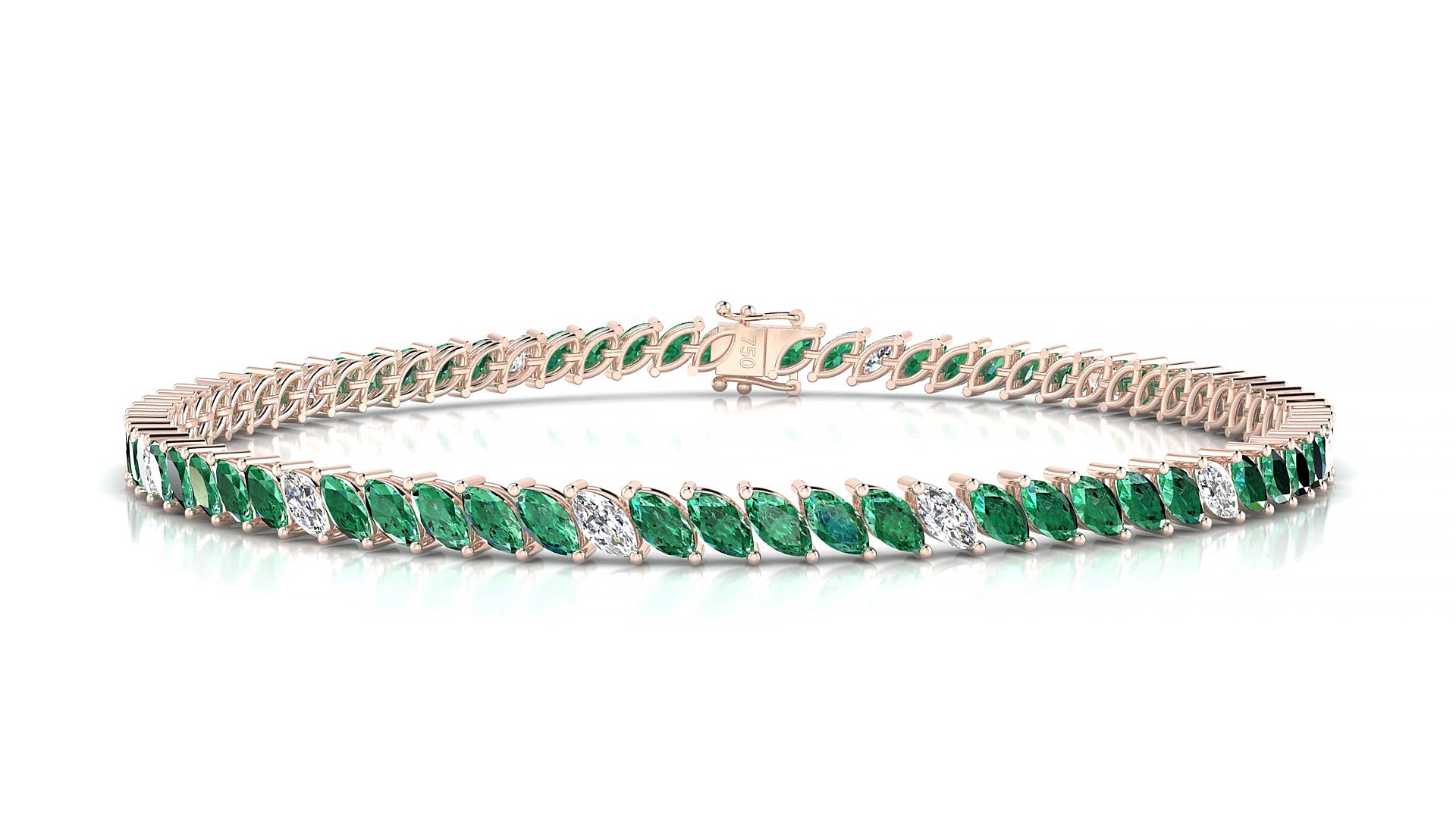 Venezia 5-1 | 18k Rose Gold 4 x 2 mm Marquise Natural Emerald & Diamond 15 cm Tennis Bracelet