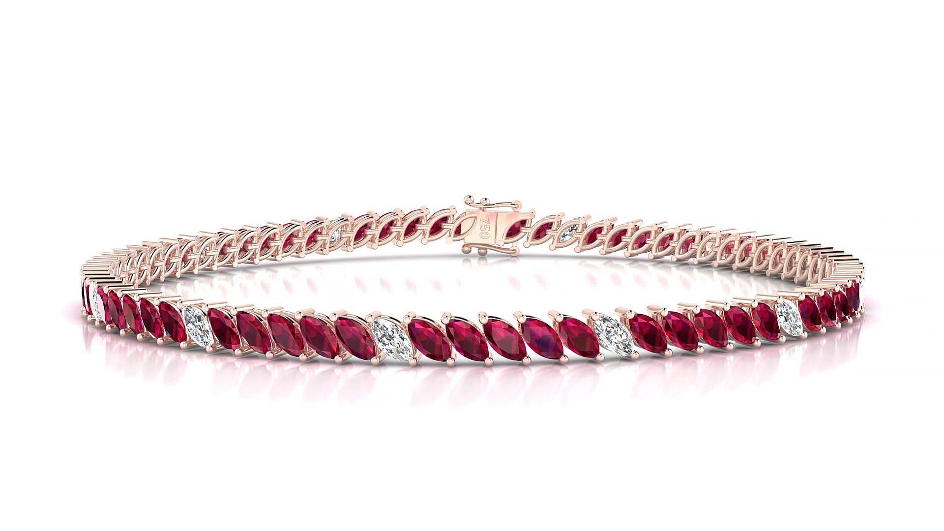 Venezia 5-1 | 18k Rose Gold 4 x 2 mm Marquise Natural Ruby & Diamond 16 cm Tennis Bracelet