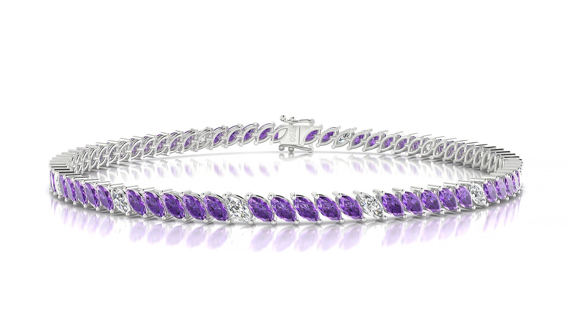 Venezia 5-1 | 18k White Gold 4 x 2 mm Marquise Natural Amethyst & Diamond 15 cm Tennis Bracelet