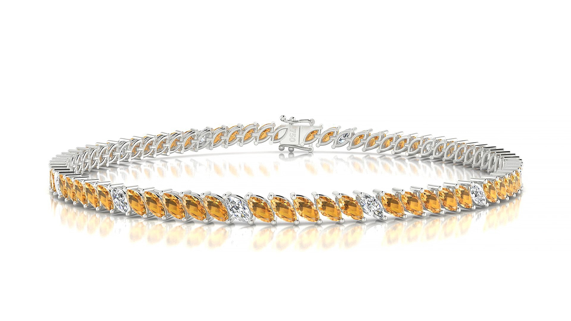 Venezia 5-1 | 18k White Gold 4 x 2 mm Marquise Natural Citrine & Diamond 15 cm Tennis Bracelet
