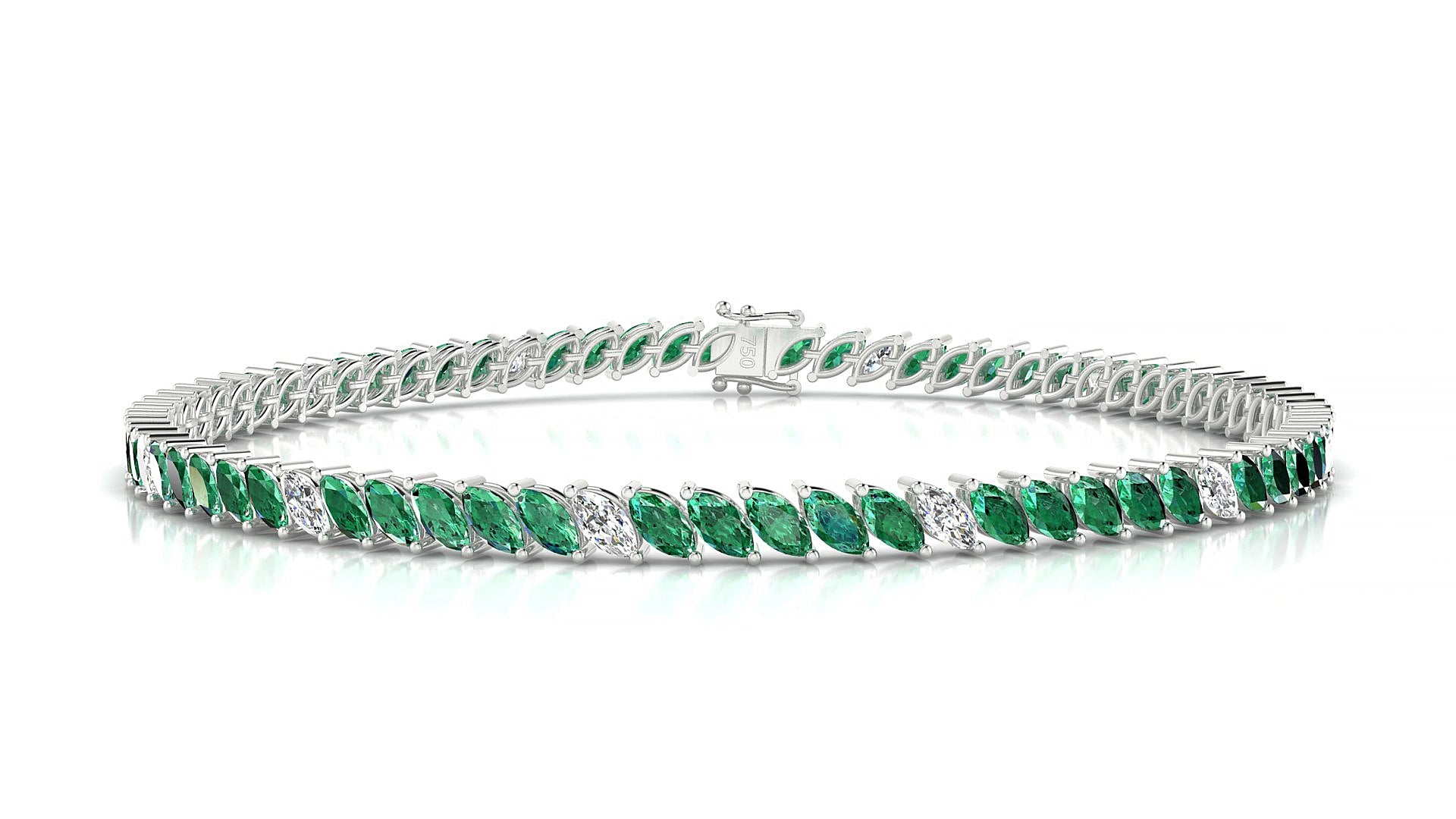 Venezia 5-1 | 18k White Gold 4 x 2 mm Marquise Natural Emerald & Diamond 15 cm Tennis Bracelet