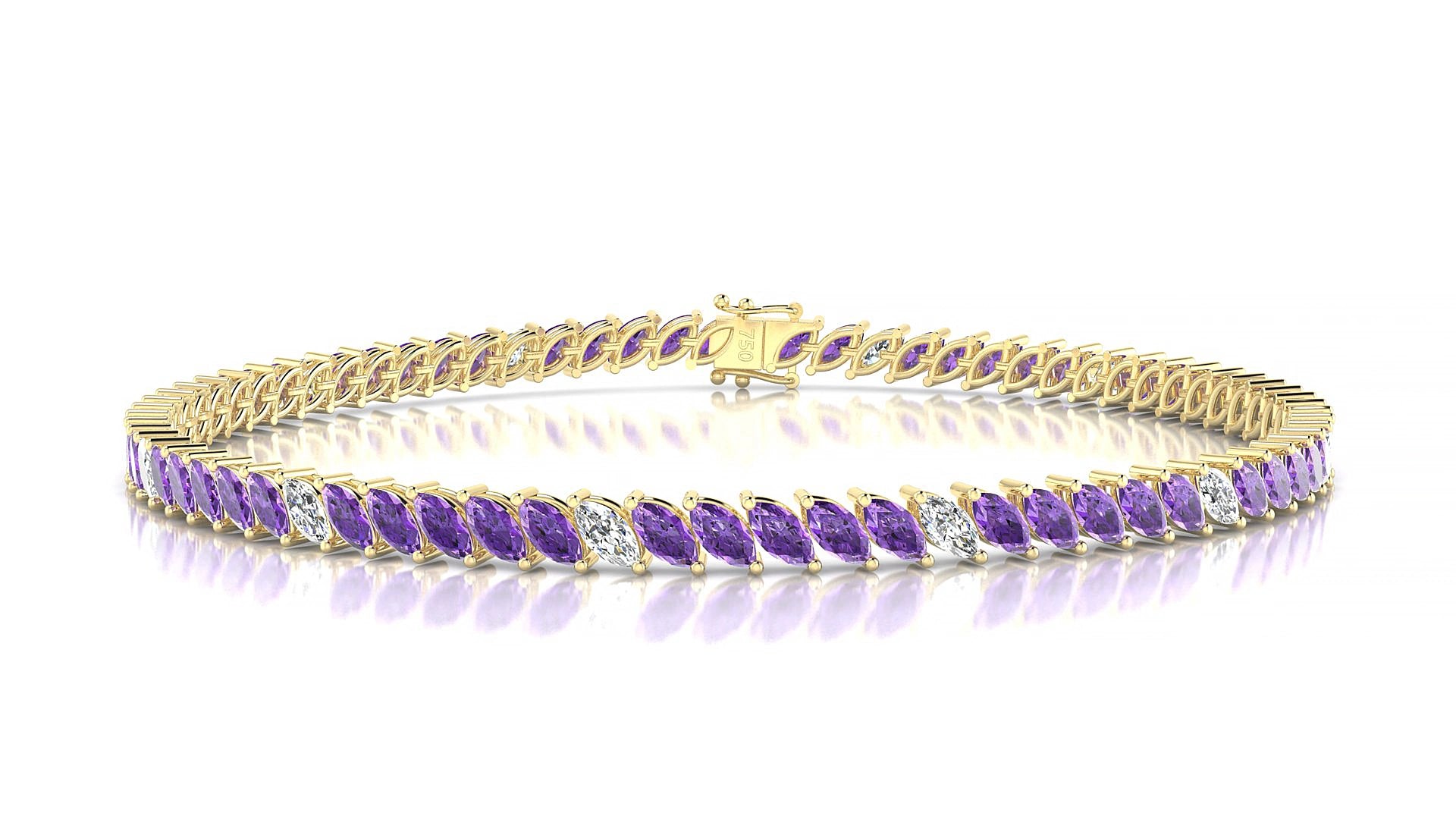 Venezia 5-1 | 18k Yellow Gold 4 x 2 mm Marquise Natural Amethyst & Diamond 18 cm Tennis Bracelet