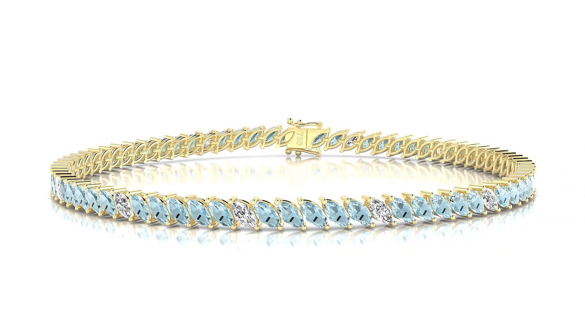 Venezia 5-1 | 18k Yellow Gold 4 x 2 mm Marquise Natural Aquamarine & Diamond 16 cm Tennis Bracelet