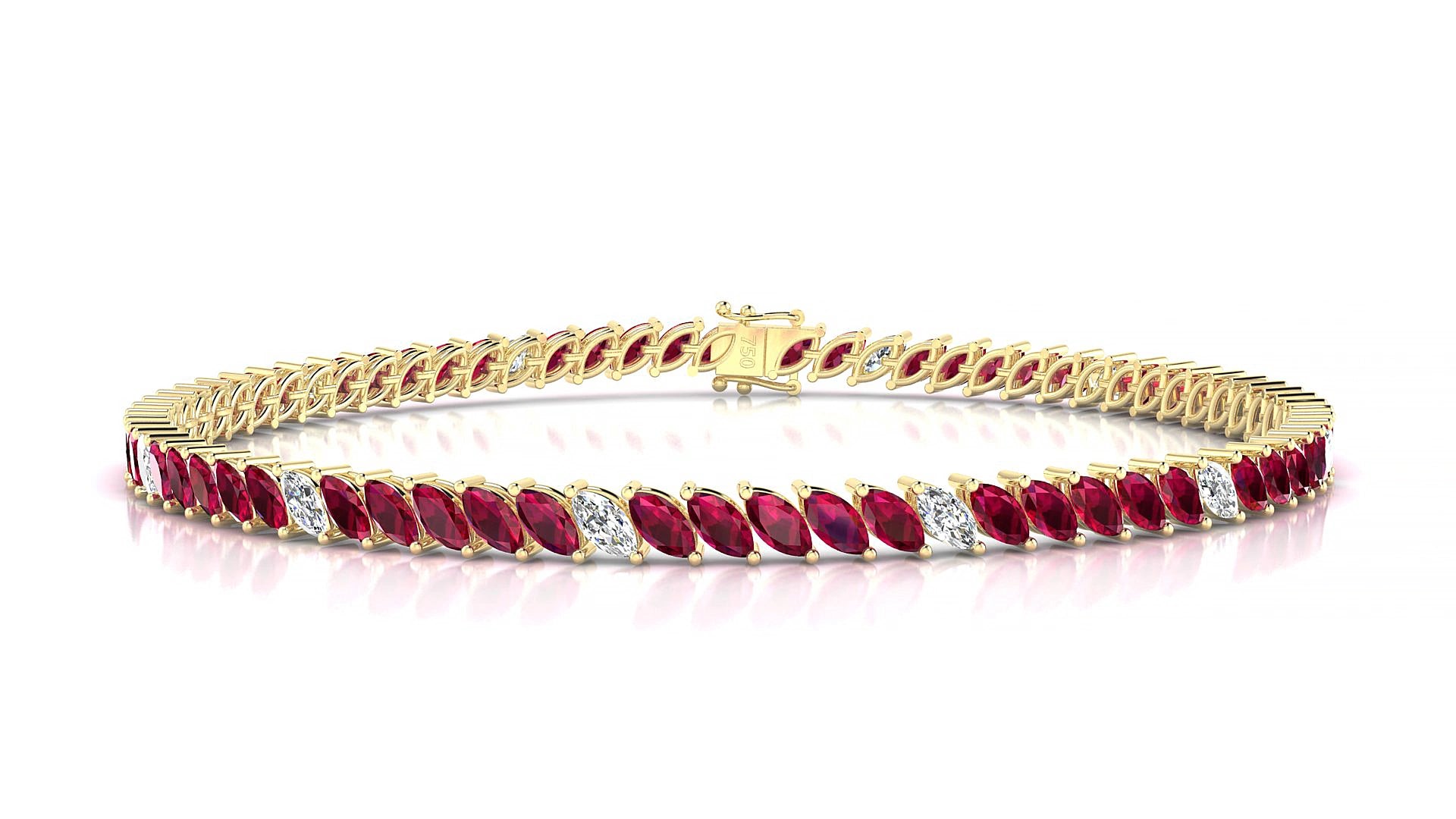 Venezia 5-1 | 18k Yellow Gold 4 x 2 mm Marquise Natural Ruby & Diamond 16 cm Tennis Bracelet