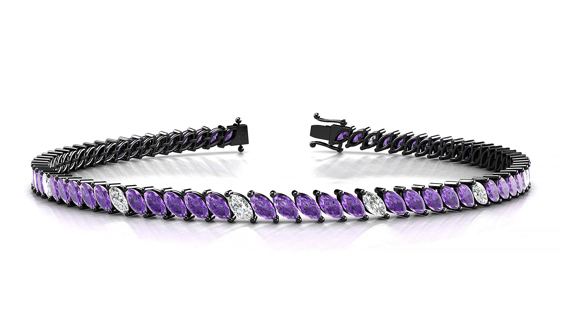 Venezia 5-1 | 18k Black Gold 4 x 2 mm Marquise Natural Amethyst & Diamond 15 cm Tennis Bracelet