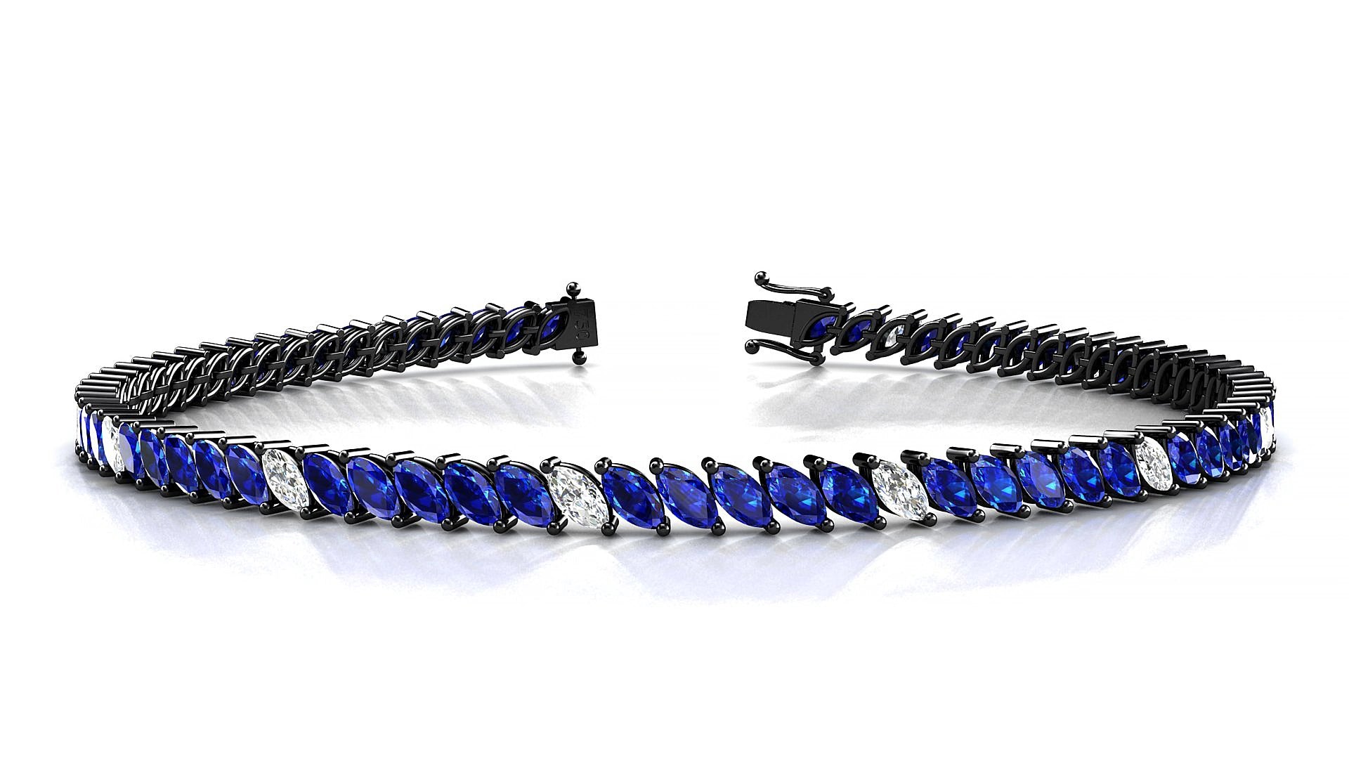 Venezia 5-1 | 18k Black Gold 4 x 2 mm Marquise Natural Sapphire & Diamond 17 cm Tennis Bracelet