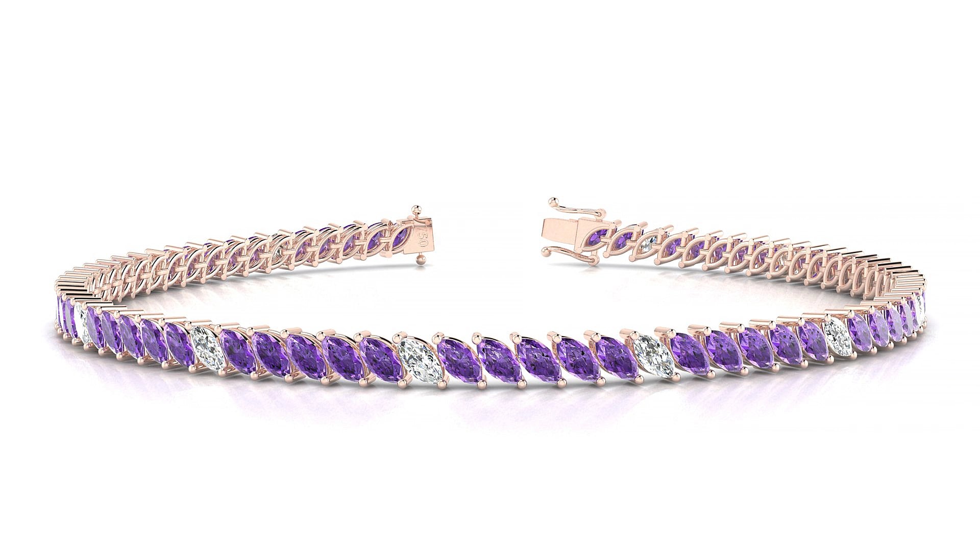 Venezia 5-1 | 18k Rose Gold 4 x 2 mm Marquise Natural Amethyst & Diamond 15 cm Tennis Bracelet