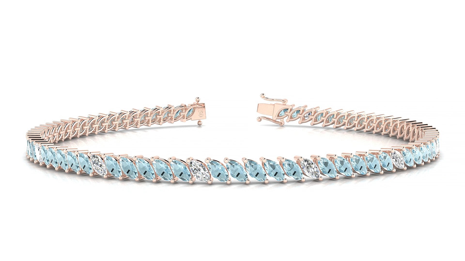 Venezia 5-1 | 18k Rose Gold 4 x 2 mm Marquise Natural Aquamarine & Diamond 19 cm Tennis Bracelet