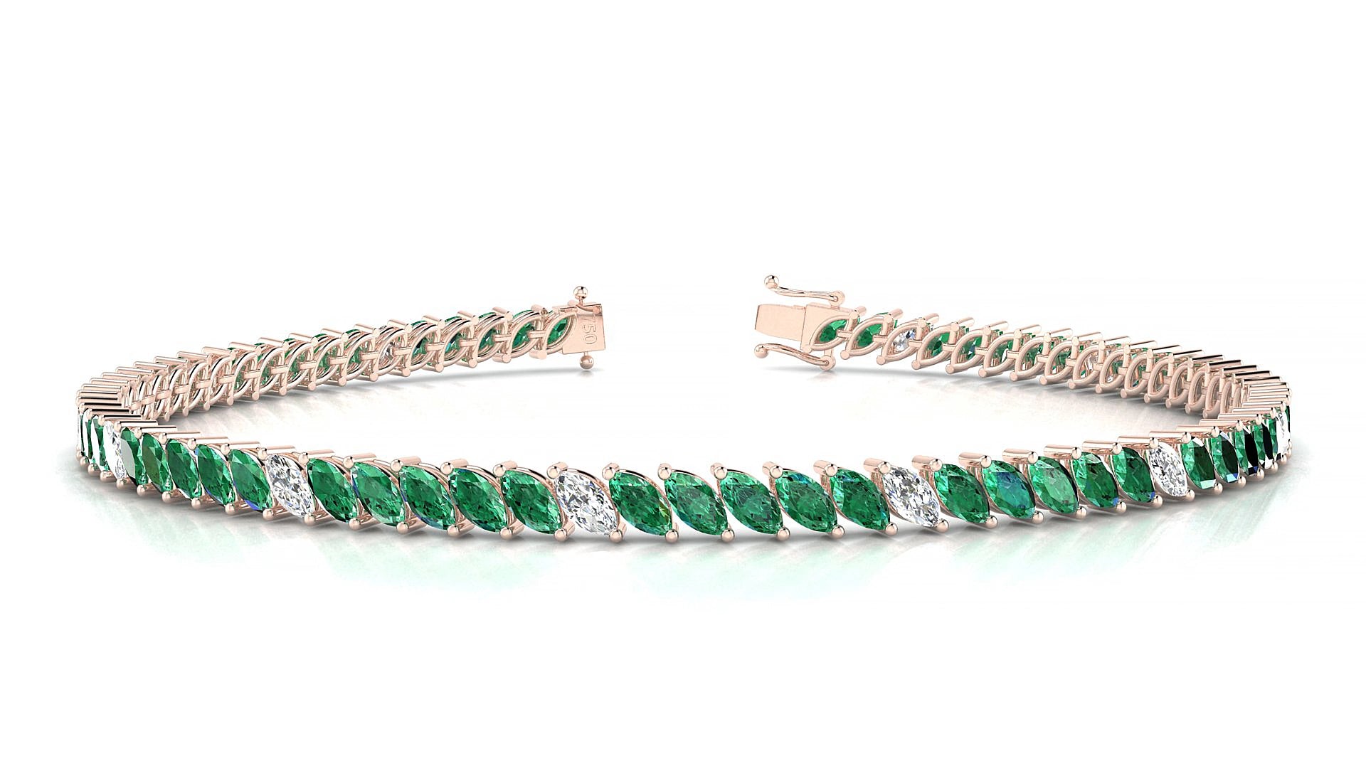 Venezia 5-1 | 18k Rose Gold 4 x 2 mm Marquise Natural Emerald & Diamond 16 cm Tennis Bracelet