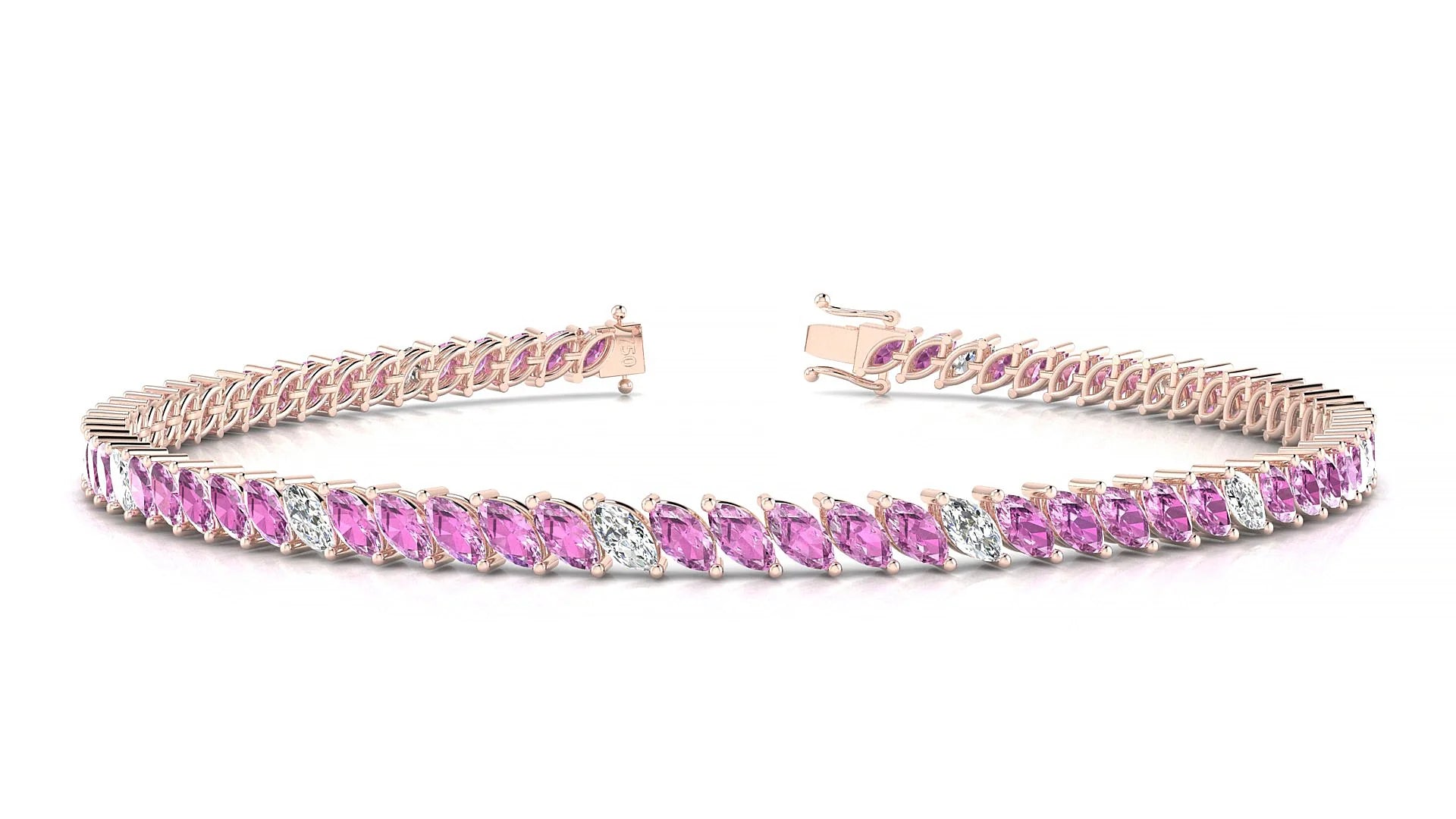 Venezia 5-1 | 18k Rose Gold 4 x 2 mm Marquise Natural Pink Sapphire & Diamond 18 cm Tennis Bracelet