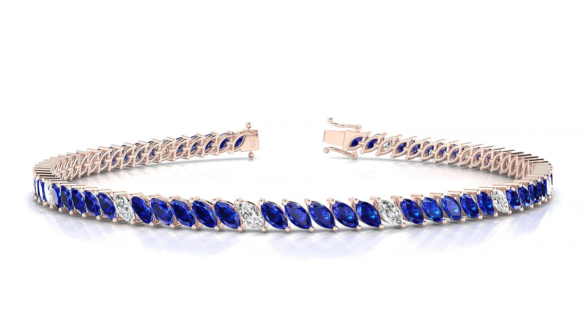 Venezia 5-1 | 18k Rose Gold 4 x 2 mm Marquise Natural Sapphire & Diamond 15 cm Tennis Bracelet