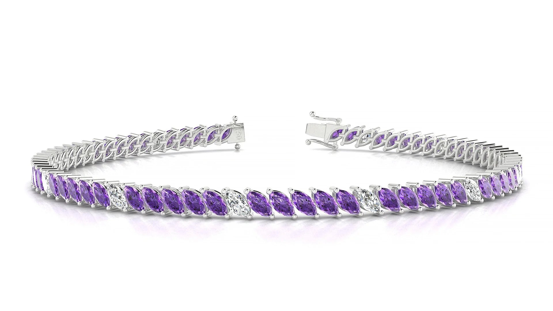 Venezia 5-1 | 18k White Gold 4 x 2 mm Marquise Natural Amethyst & Diamond Tennis Bracelet