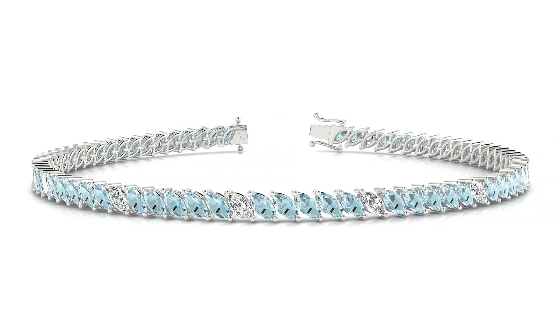 Venezia 5-1 | 18k White Gold 4 x 2 mm Marquise Natural Aquamarine & Diamond 16 cm Tennis Bracelet