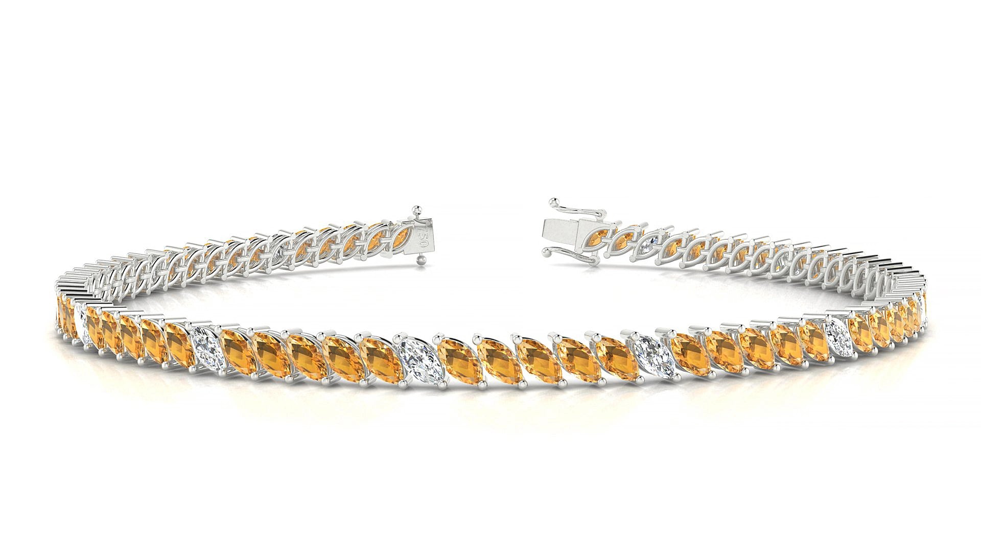 Venezia 5-1 | 18k White Gold 4 x 2 mm Marquise Natural Citrine & Diamond 15 cm Tennis Bracelet