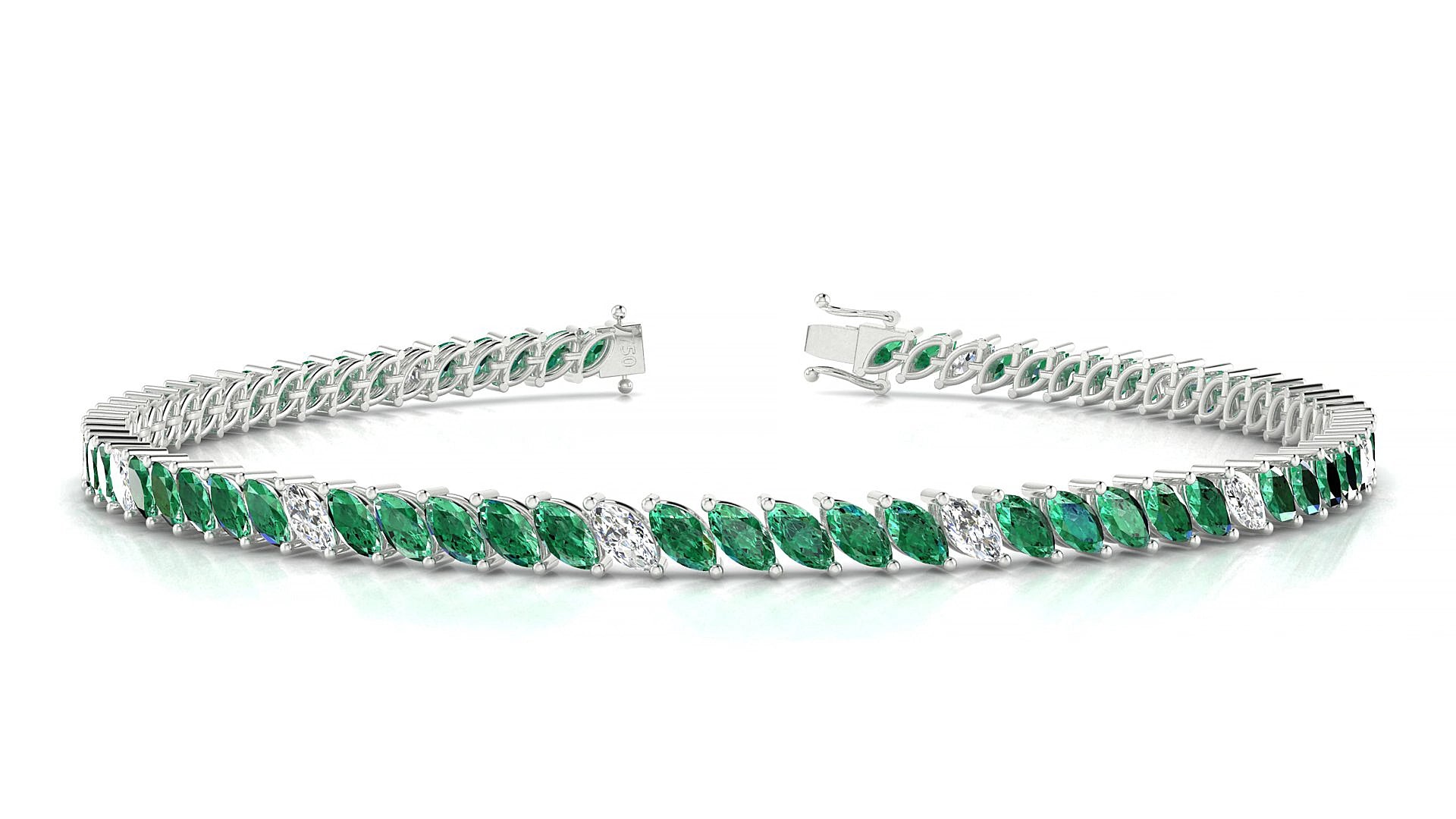 Venezia 5-1 | 18k White Gold 4 x 2 mm Marquise Natural Emerald & Diamond 15 cm Tennis Bracelet