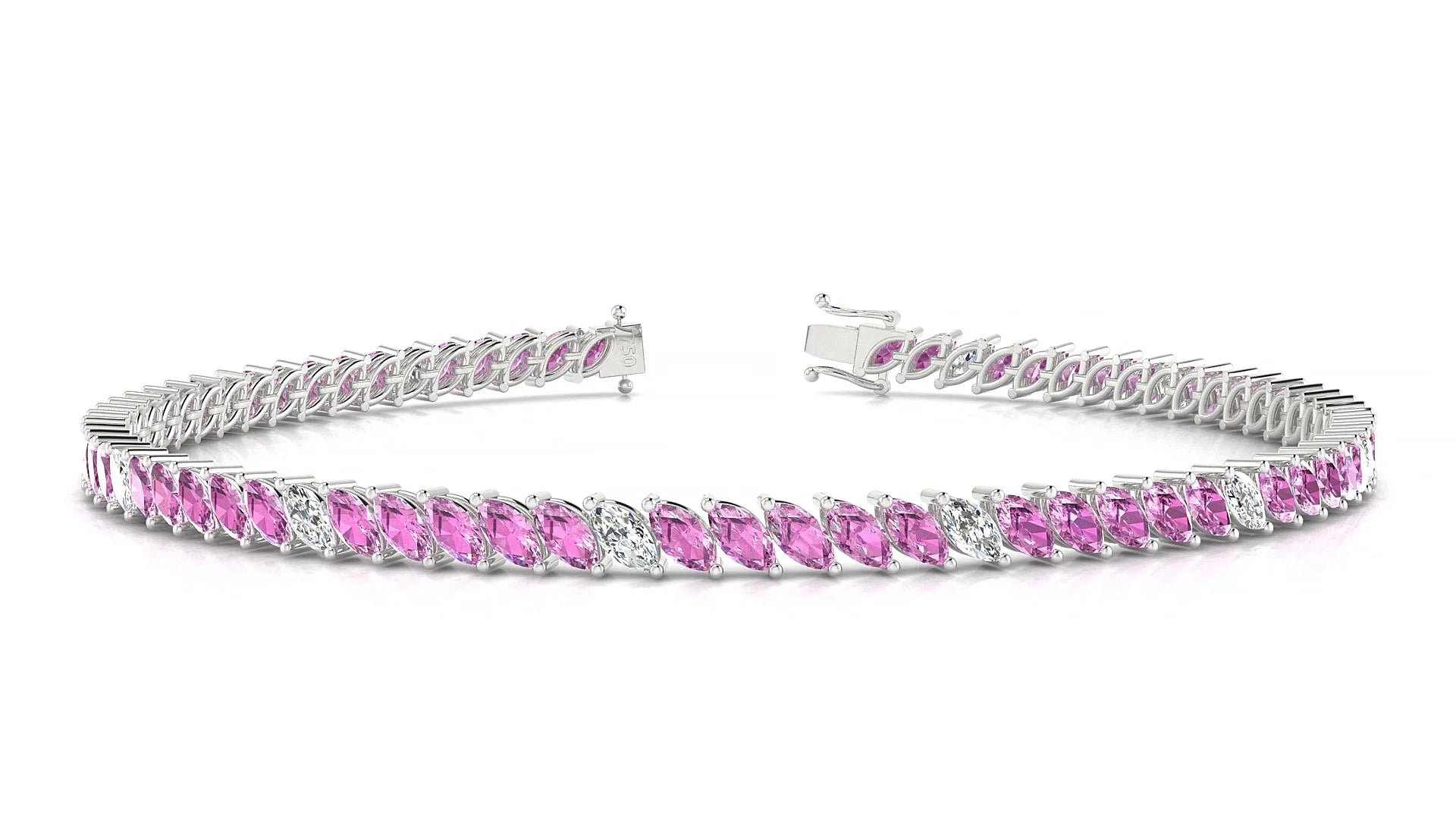 Venezia 5-1 | 18k White Gold 4 x 2 mm Marquise Natural Pink Sapphire & Diamond 18 cm Tennis Bracelet