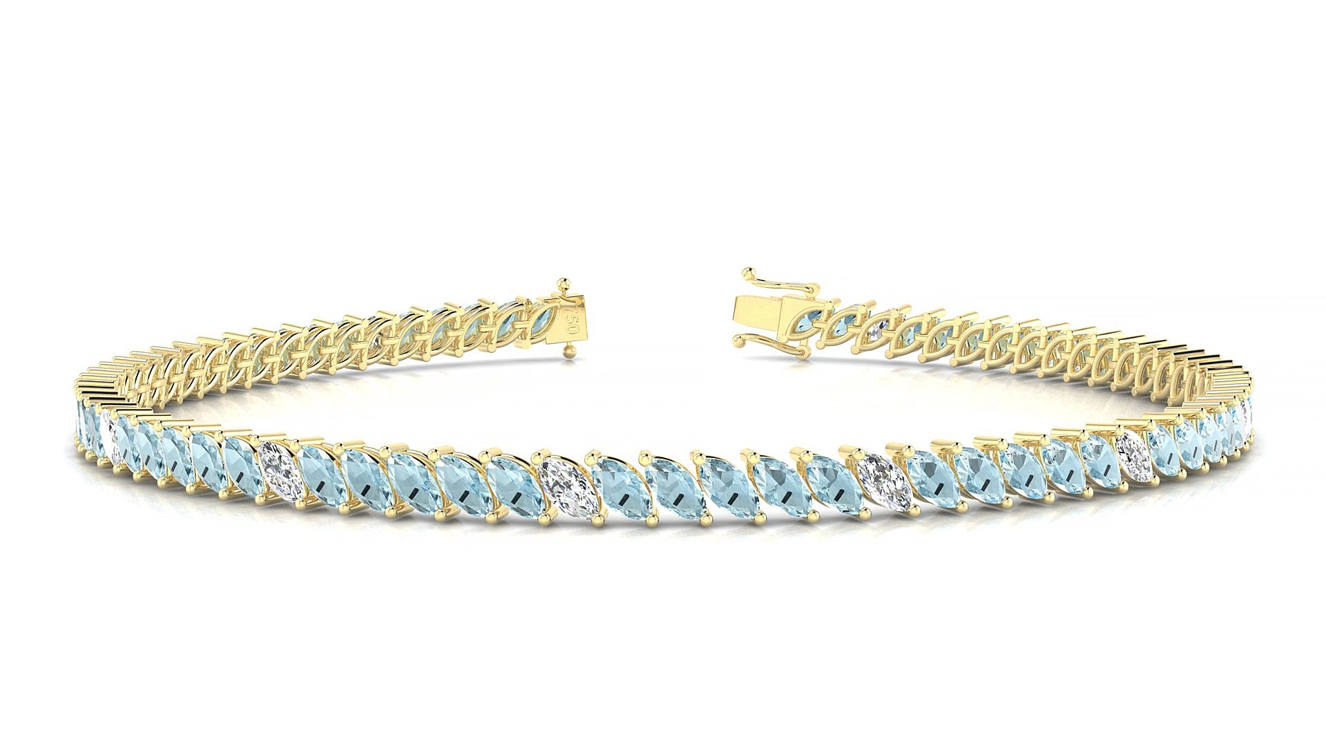 Venezia 5-1 | 18k Yellow Gold 4 x 2 mm Marquise Natural Aquamarine & Diamond 16 cm Tennis Bracelet
