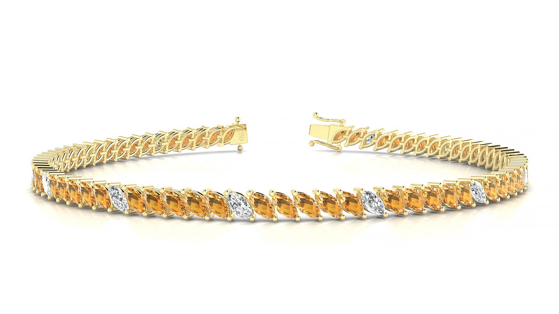 Venezia 5-1 | 18k Yellow Gold 4 x 2 mm Marquise Natural Citrine & Diamond 17 cm Tennis Bracelet