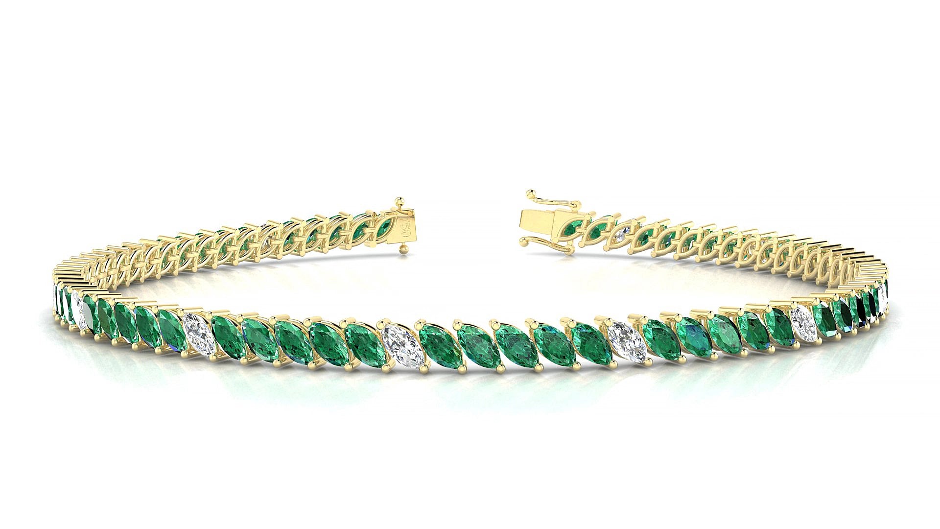Venezia 5-1 | 18k Yellow Gold 4 x 2 mm Marquise Natural Emerald & Diamond 17 cm Tennis Bracelet