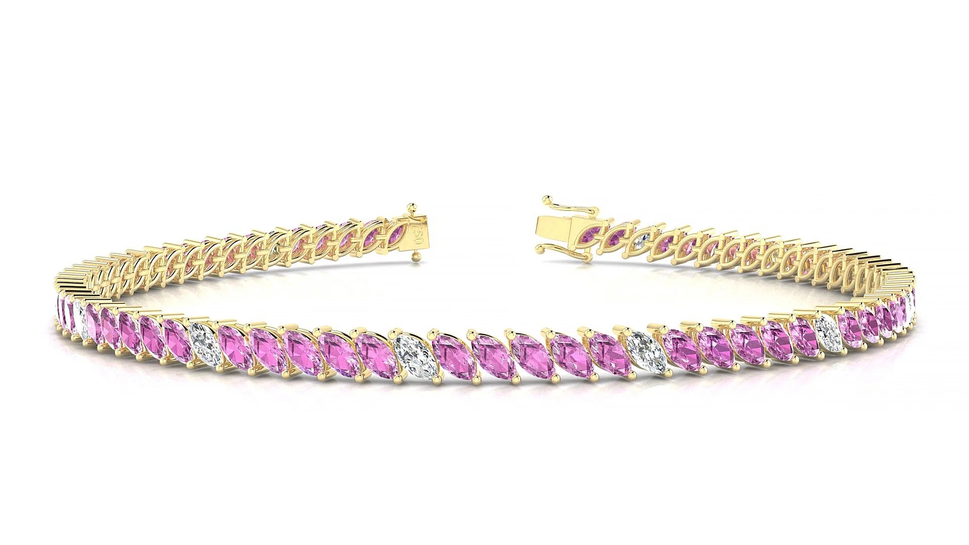 Venezia 5-1 | 18k Yellow Gold 4 x 2 mm Marquise Natural Pink Sapphire & Diamond 18 cm Tennis Bracelet