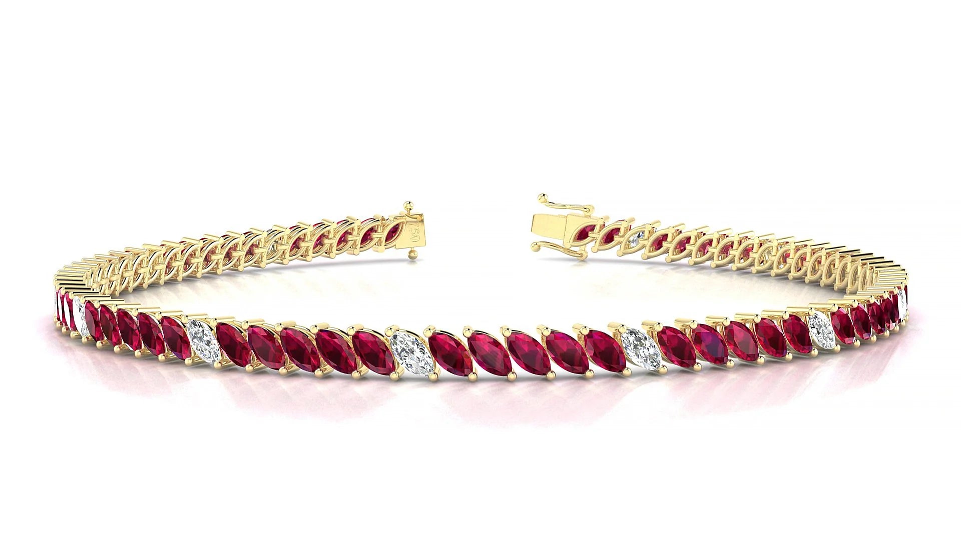 Venezia 5-1 | 18k Yellow Gold 4 x 2 mm Marquise Natural Ruby & Diamond 18 cm Tennis Bracelet