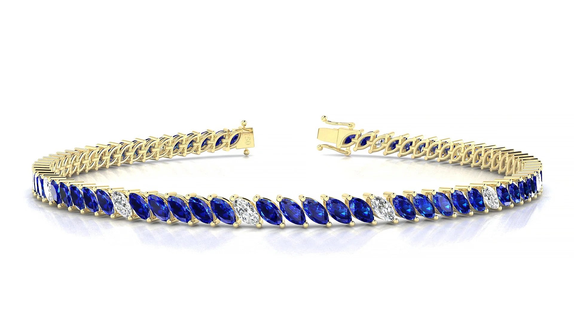Venezia 5-1 | 18k Yellow Gold 4 x 2 mm Marquise Natural Sapphire & Diamond 18 cm Tennis Bracelet