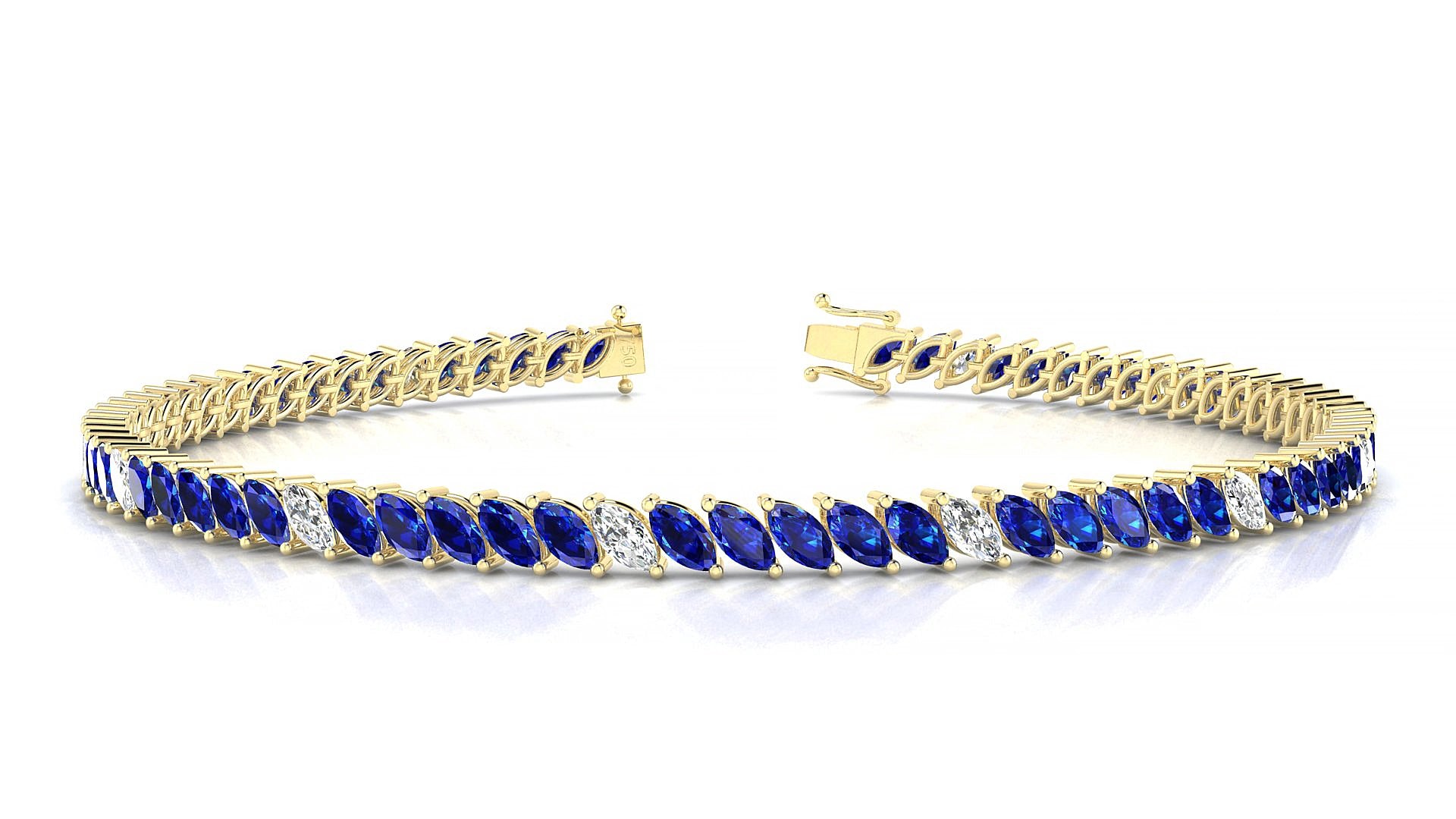Venezia 5-1 | 18k Yellow Gold 4 x 2 mm Marquise Natural Sapphire & Diamond 18 cm Tennis Bracelet