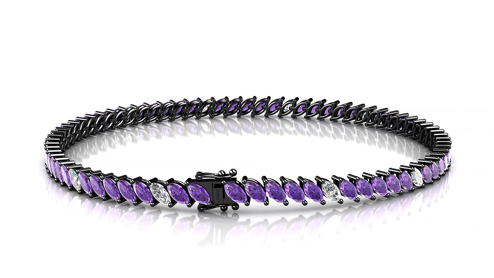 Venezia 5-1 | 18k Black Gold 4 x 2 mm Marquise Natural Amethyst & Diamond 15 cm Tennis Bracelet