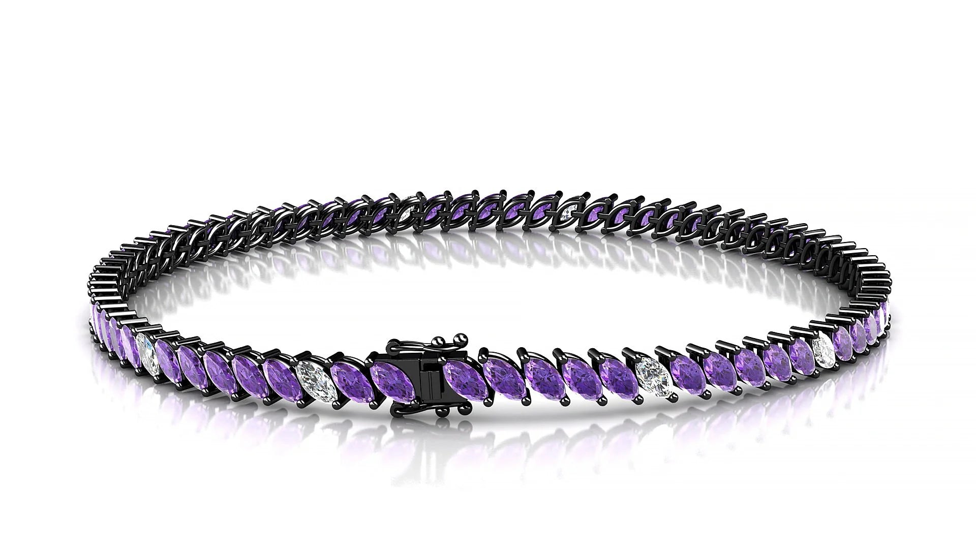 Venezia 5-1 | 18k Black Gold 4 x 2 mm Marquise Natural Amethyst & Diamond Tennis Bracelet