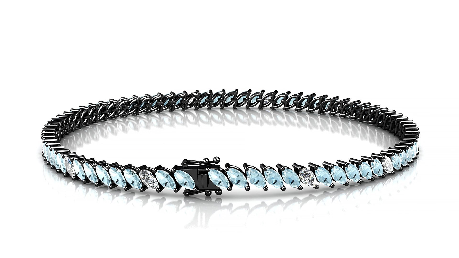 Venezia 5-1 | 18k Black Gold 4 x 2 mm Marquise Natural Aquamarine & Diamond 19 cm Tennis Bracelet