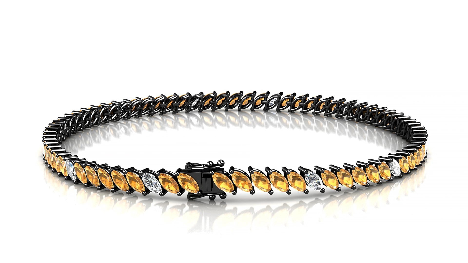 Venezia 5-1 | 18k Black Gold 4 x 2 mm Marquise Natural Citrine & Diamond 17 cm Tennis Bracelet