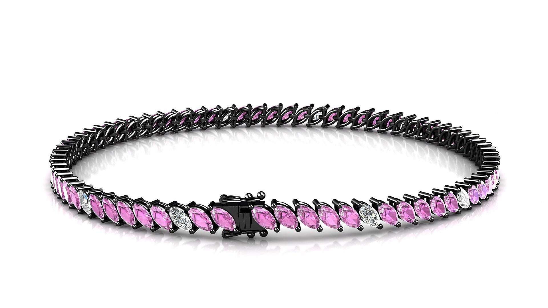Venezia 5-1 | 18k Black Gold 4 x 2 mm Marquise Natural Pink Sapphire & Diamond 15 cm Tennis Bracelet