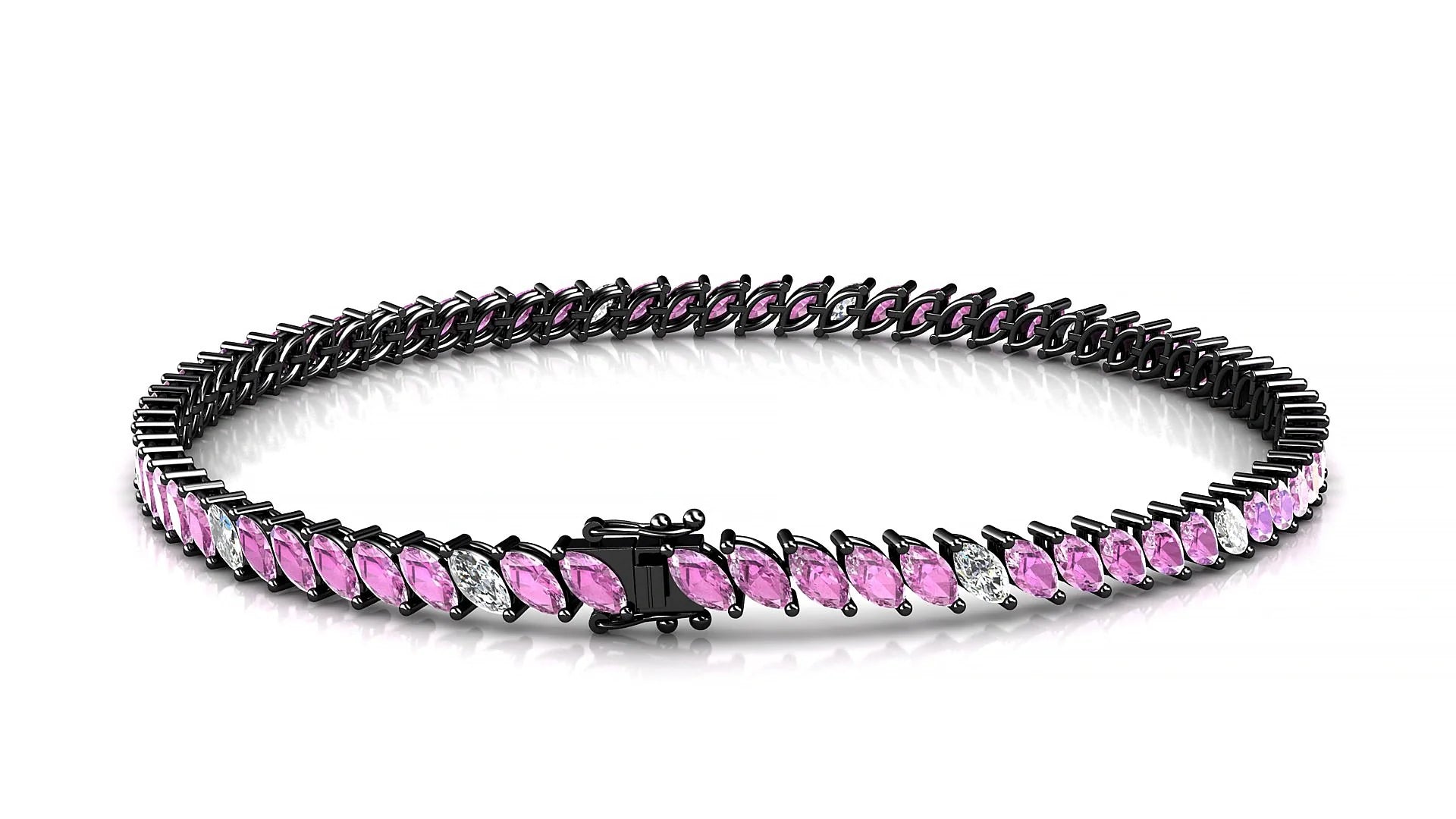 Venezia 5-1 | 18k Black Gold 4 x 2 mm Marquise Natural Pink Sapphire & Diamond 18 cm Tennis Bracelet