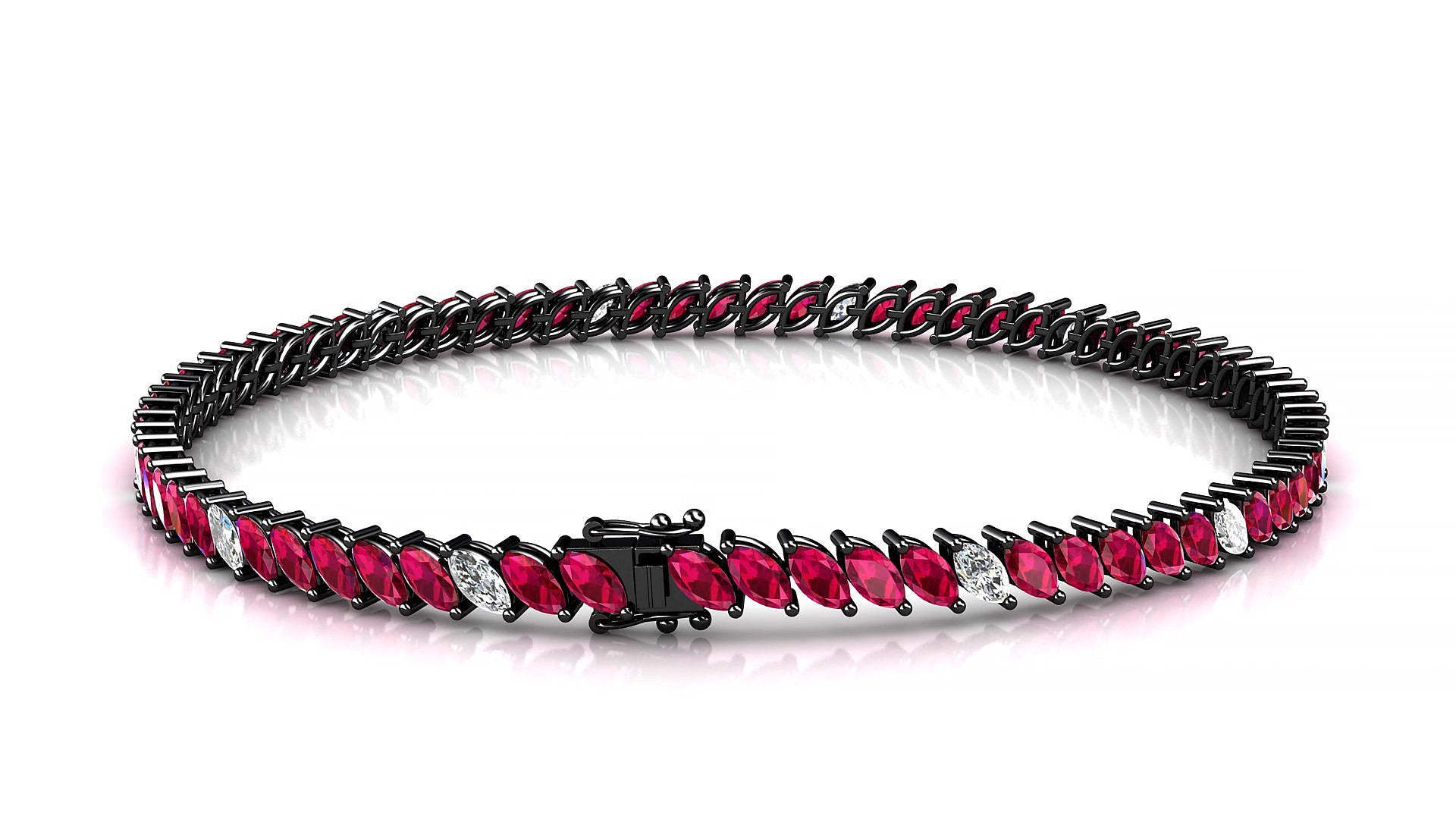 Venezia 5-1 | 18k Black Gold 4 x 2 mm Marquise Natural Ruby & Diamond 16 cm Tennis Bracelet