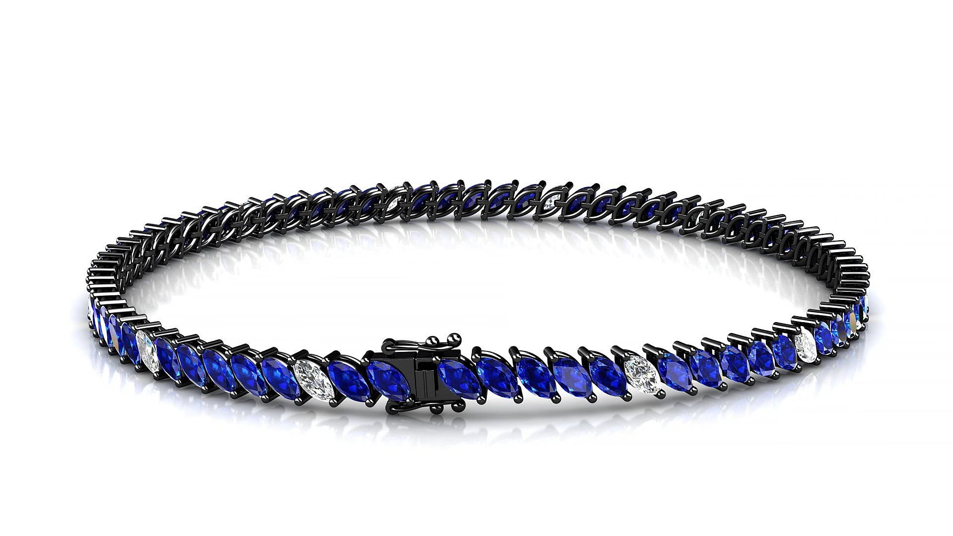 Venezia 5-1 | 18k Black Gold 4 x 2 mm Marquise Natural Sapphire & Diamond 16 cm Tennis Bracelet