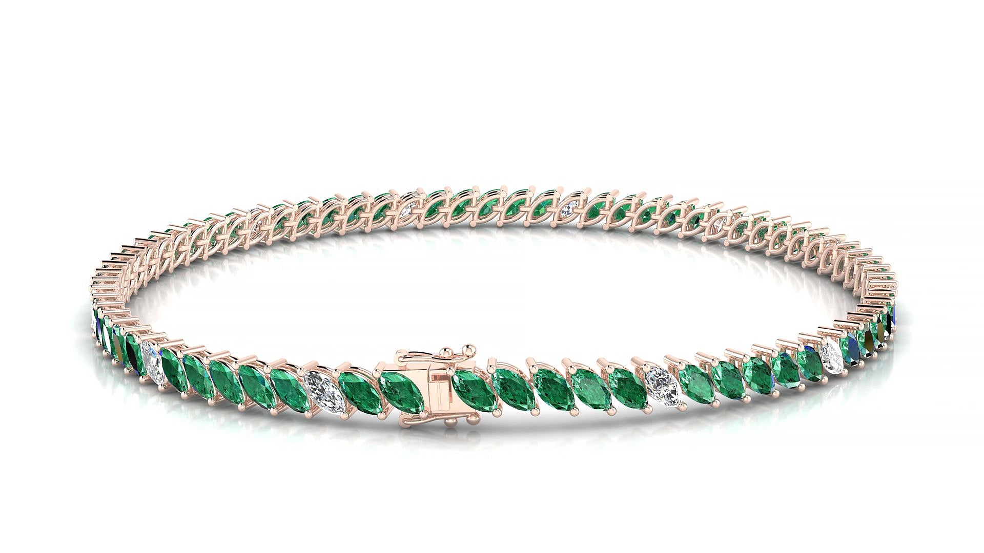 Venezia 5-1 | 18k Rose Gold 4 x 2 mm Marquise Natural Emerald & Diamond 15 cm Tennis Bracelet