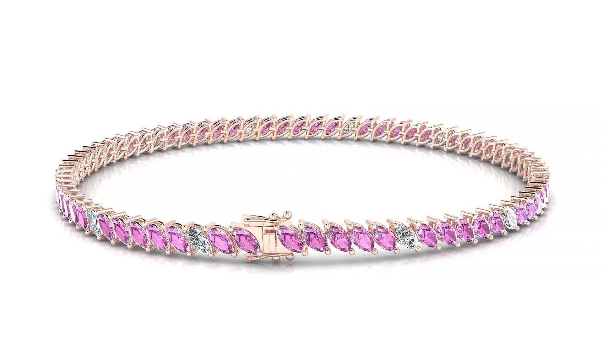 Venezia 5-1 | 18k Rose Gold 4 x 2 mm Marquise Natural Pink Sapphire & Diamond 15 cm Tennis Bracelet