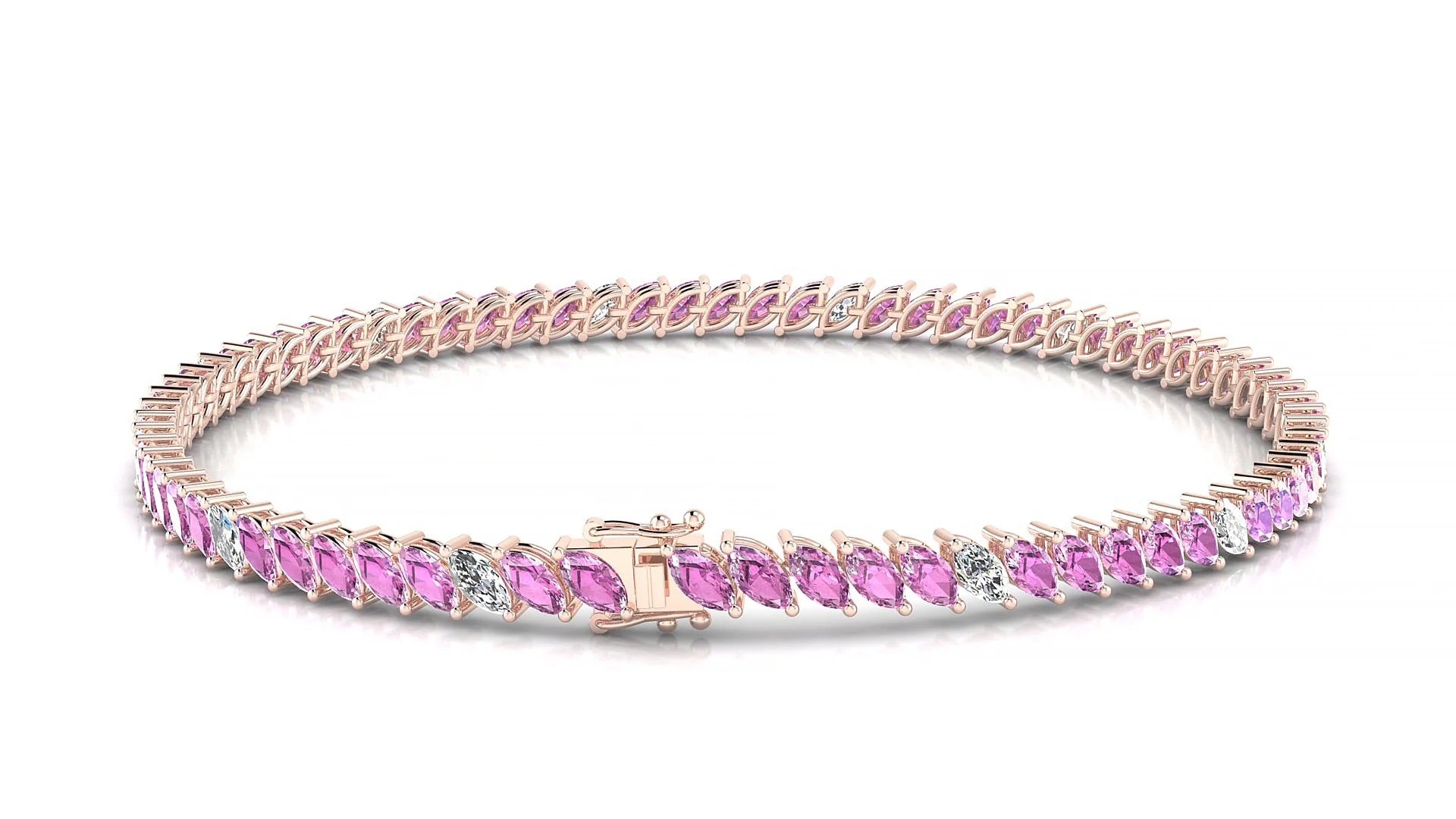 Venezia 5-1 | 18k Rose Gold 4 x 2 mm Marquise Natural Pink Sapphire & Diamond 18 cm Tennis Bracelet
