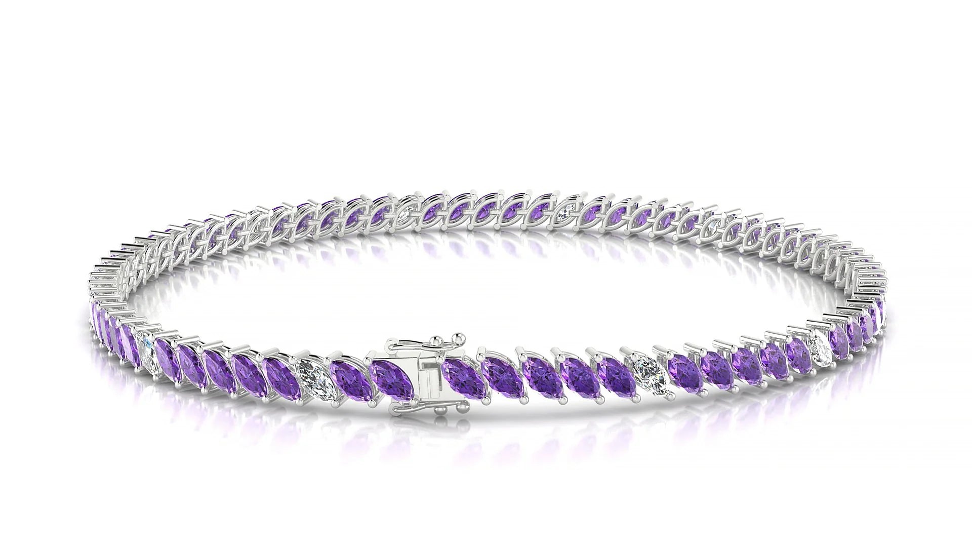 Venezia 5-1 | 18k White Gold 4 x 2 mm Marquise Natural Amethyst & Diamond Tennis Bracelet