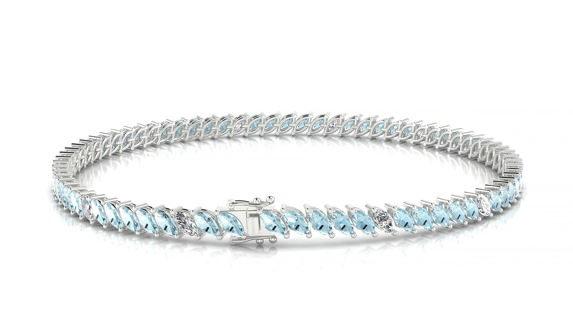 Venezia 5-1 | 18k White Gold 4 x 2 mm Marquise Natural Aquamarine & Diamond 16 cm Tennis Bracelet