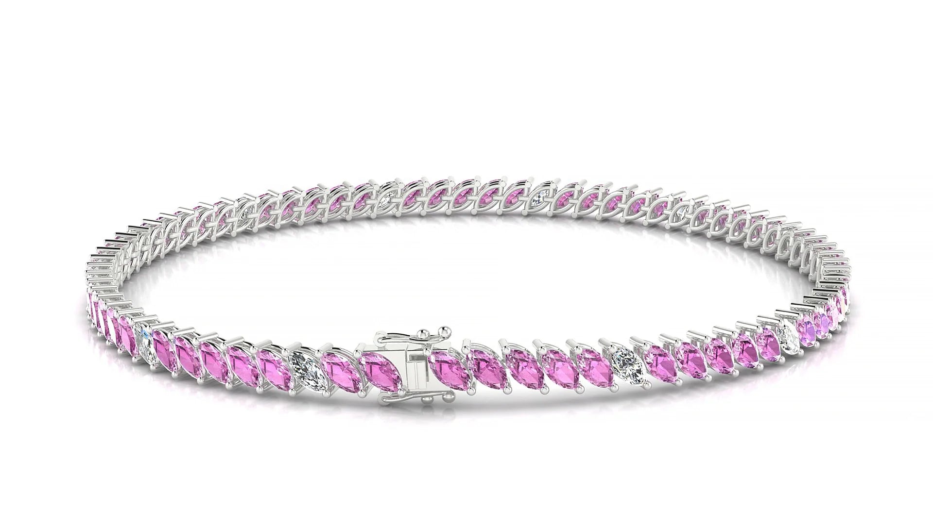 Venezia 5-1 | 18k White Gold 4 x 2 mm Marquise Natural Pink Sapphire & Diamond 18 cm Tennis Bracelet