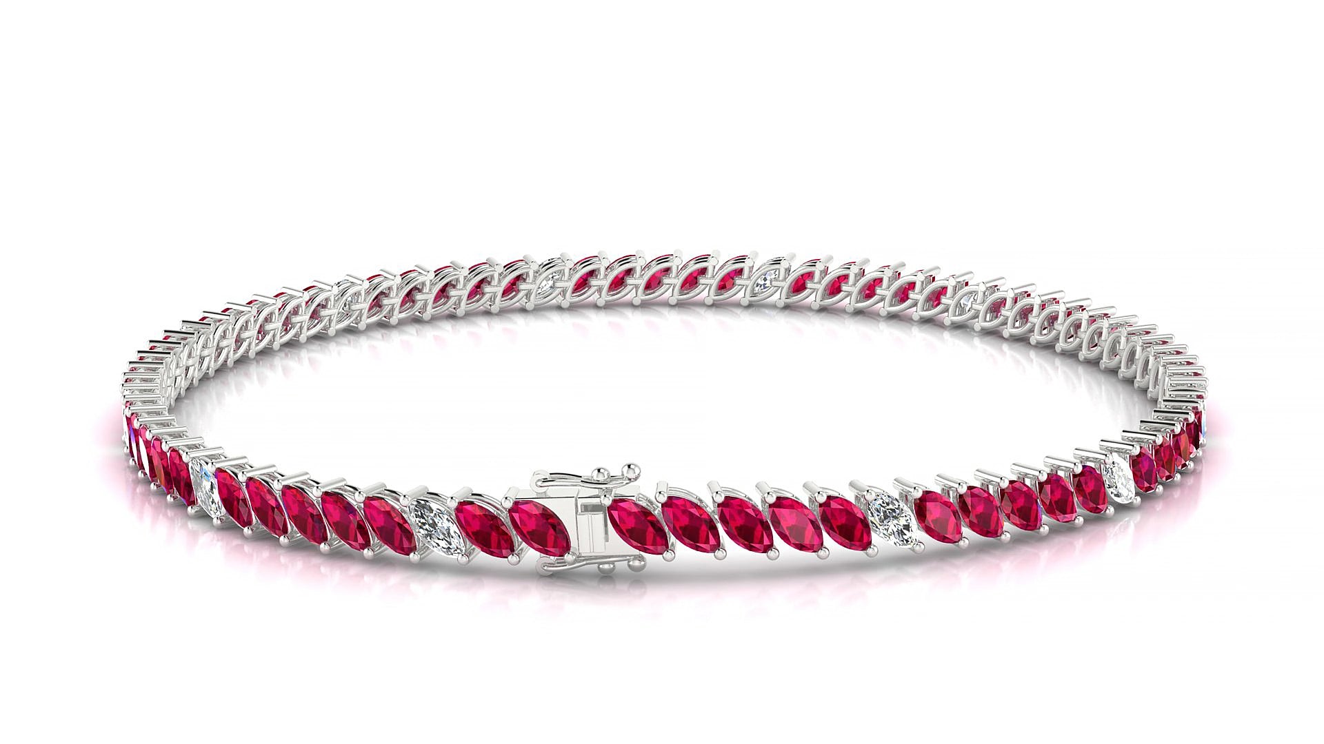 Venezia 5-1 | 18k White Gold 4 x 2 mm Marquise Natural Ruby & Diamond 16 cm Tennis Bracelet