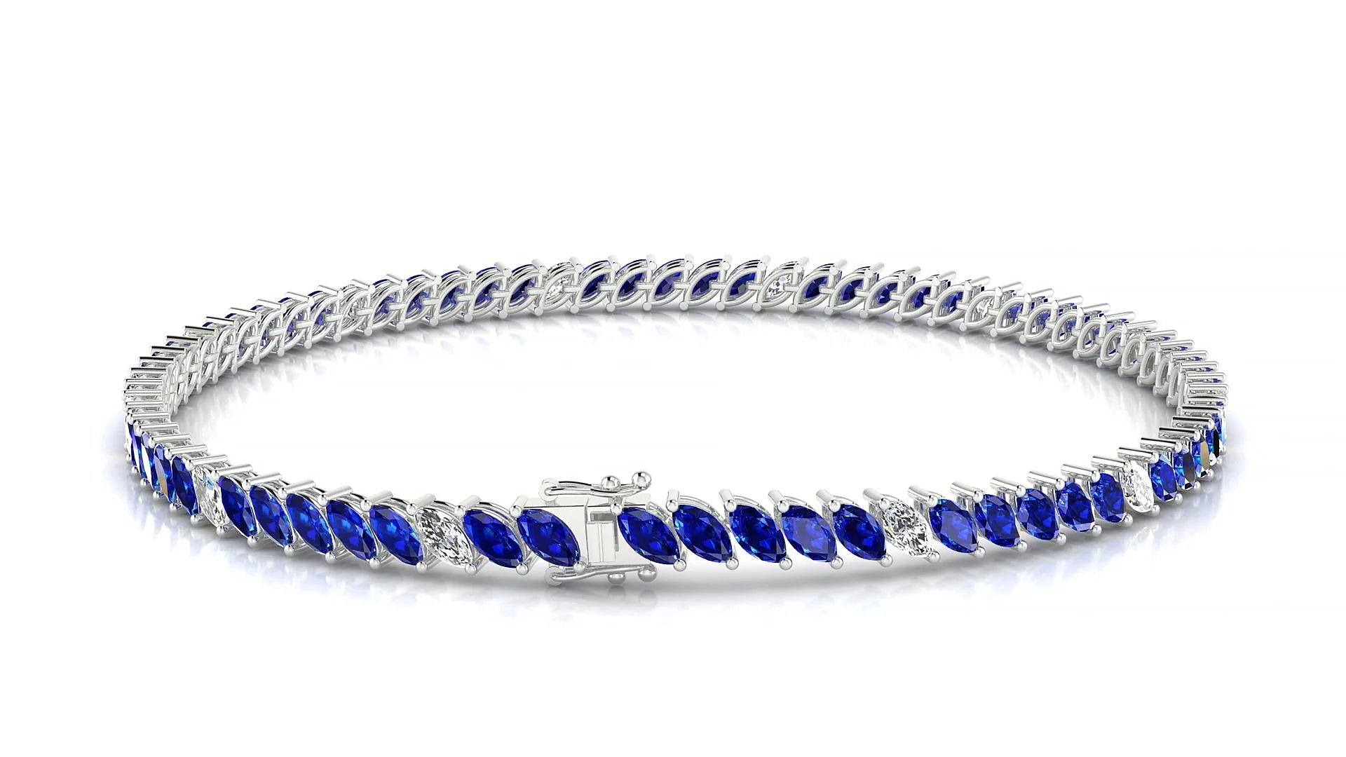 Venezia 5-1 | 18k White Gold 4 x 2 mm Marquise Natural Sapphire & Diamond 18 cm Tennis Bracelet