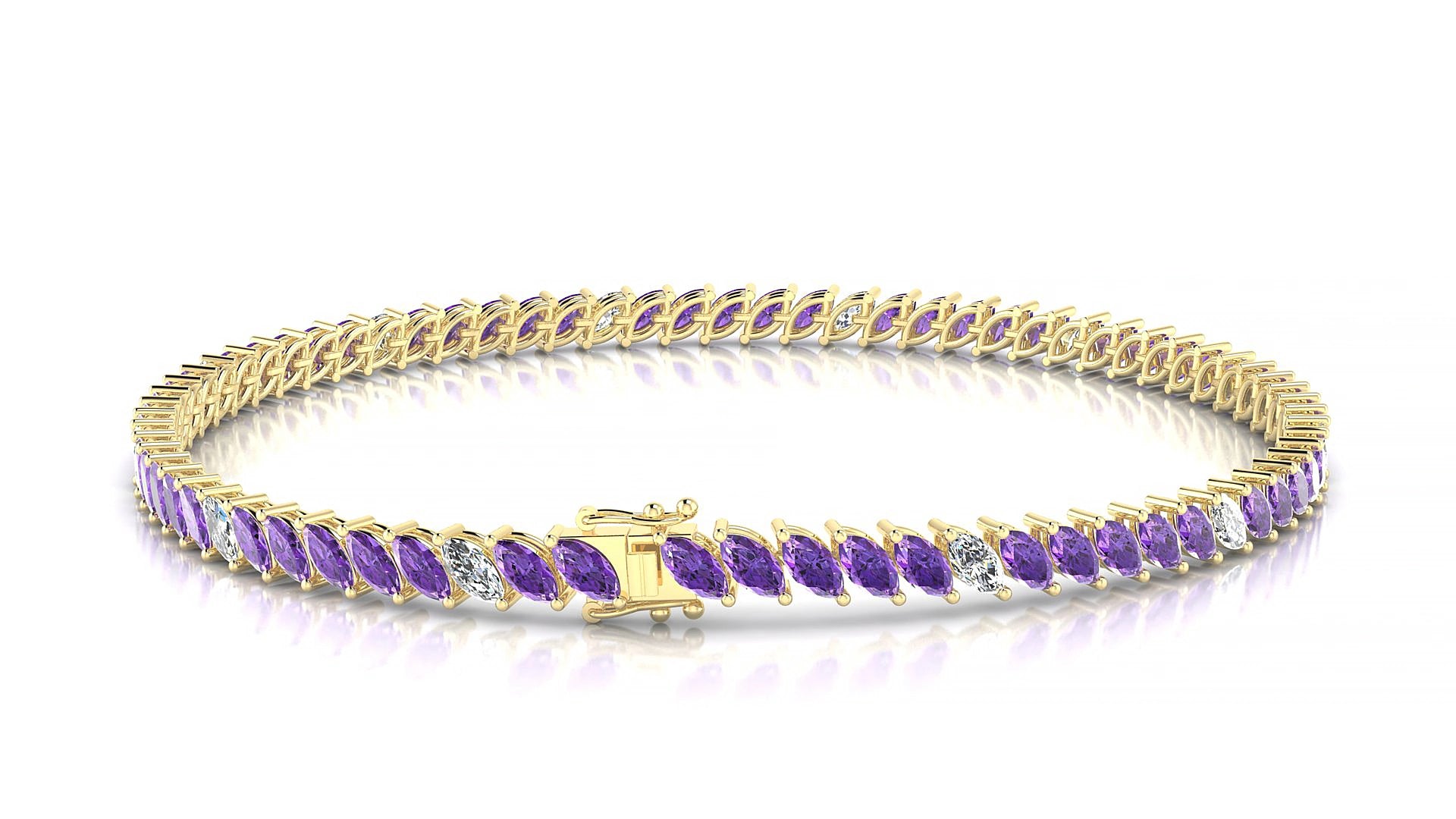 Venezia 5-1 | 18k Yellow Gold 4 x 2 mm Marquise Natural Amethyst & Diamond 18 cm Tennis Bracelet